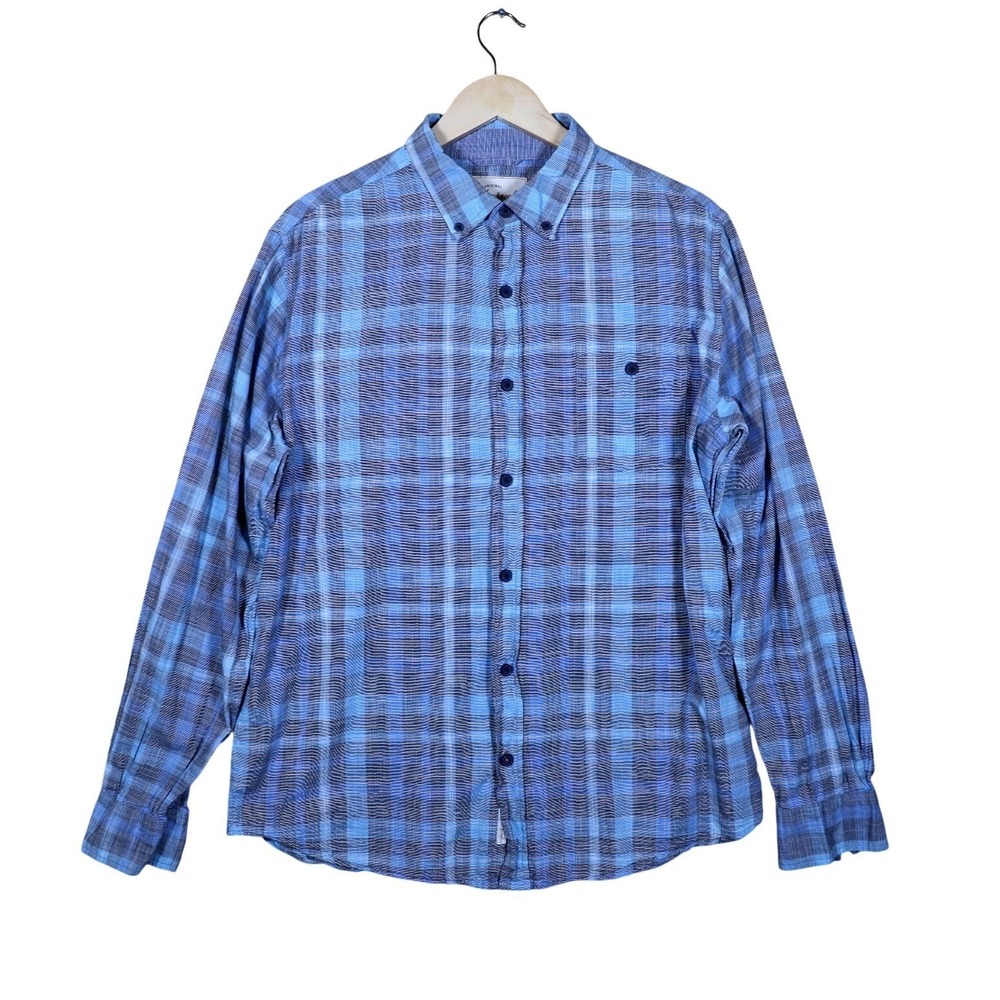 Weatherproof Vintage Mens Blue Plaid Long Sleeve Button Up Shirt Size Large